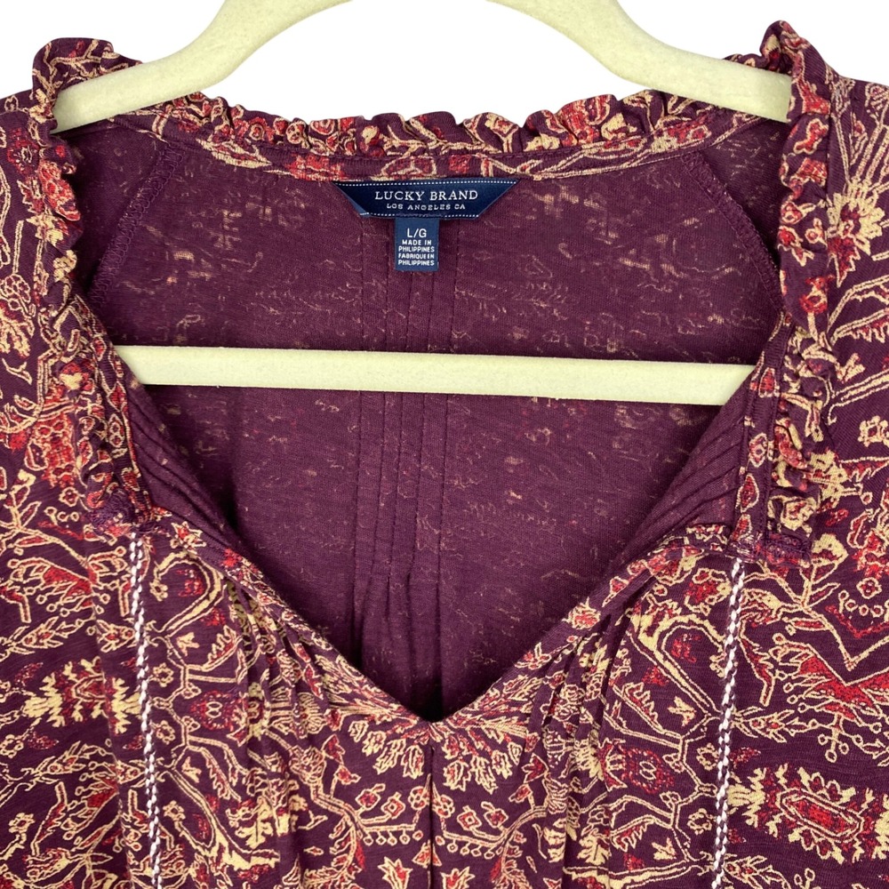Lucky Brand Womens Burgundy Paisley Floral Tassel Tie Boho Blouse Large L/G - Picture 4 of 14